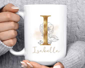 Gold Monogram Mug, Customized mug, Coffee Mug, Custom Mug, Picture Mug, Personalized Mug, Microwave Safe, Watercolor Mugs, Initial Name Mug.