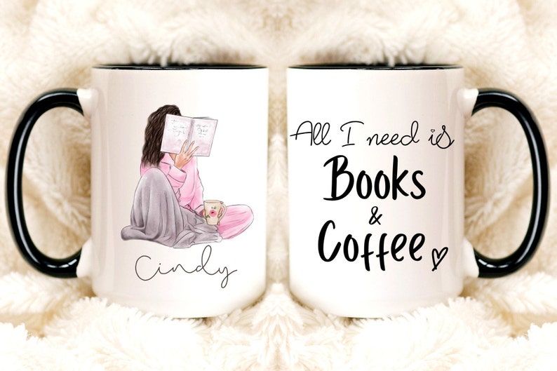 May include: White ceramic mug with a black handle and rim. The mug features an illustration of a person reading a book, with the name "Cindy" below. The text "All I need is Books & Coffee" is on the other side. A cozy gift for book lovers.