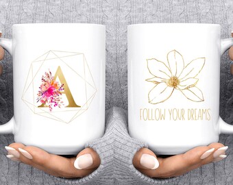 Initial Gold Mug, Inspirational Mug, Custom Gift Mug, Customized Name Mug, Personalized Mug, Microwave Safe Mug, Picture Mug, Monogram Mug.