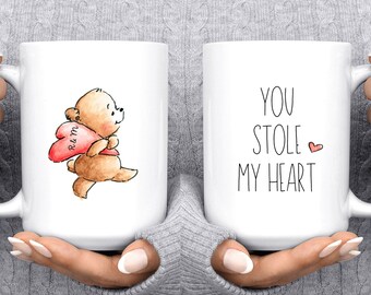 CUSTOM INITIAL MUG, Cute Bear Custom Couple Mug Dishwasher Safe, You Stole My Heart Cute Coffee Love Mug Couple Gifts for Bff Birthday