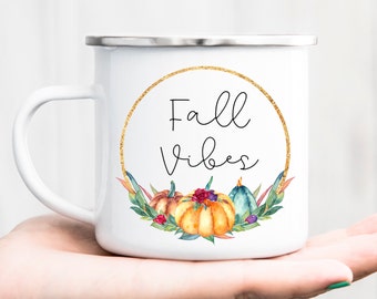 Fall Vibes- Silver Lip/White Camper Mug, Personalized Camper Mug, Camper Mug, Name Mug, Monogram Mug, Custom Mug, Campfire Mug, Coffee Mug.