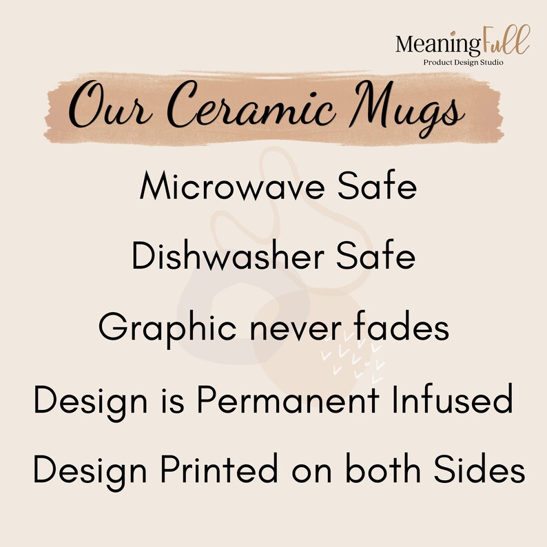 May include: Image promoting ceramic mugs with the text "Our Ceramic Mugs." The text also states the mugs are microwave and dishwasher safe, with a graphic that never fades. The design is permanently infused and printed on both sides.