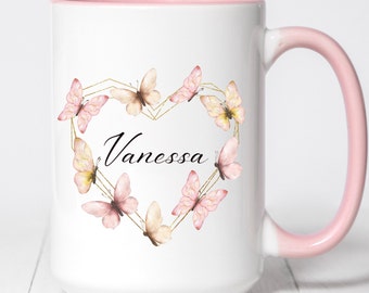 CUSTOM NAME MUG, Personalized Butterfly Coffee Mug, Cute Personalized Gifts for Her Birthday, Pink Wreath Heart and Name Mug For Girls