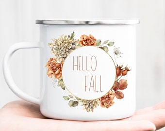 Hello Fall- Silver Lip/White Camper Mug, Personalized Camper Mug, Camper Mug, Autumn Mug, Modern Mug, Custom Mug, Campfire Mug, Coffee Mug.