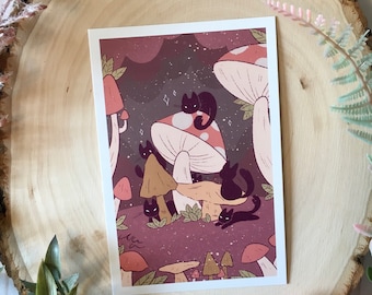 Kittens in the Mushrooms Art / Cute Cat Art Print, Obras De Arte De Otoño, Decoración De Pared, Arte De Hongos, Regalo Para Menores De 10 Años, Decoración De Pared De Oficina, Arte De Otoño