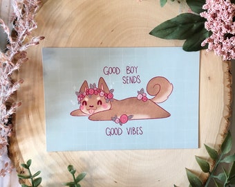 Send Good Vibes Postcard | Kawaii Art Prints, Cute Artwork, Wall Art, Kawaii Decor, Postcard Print, Cute Dog Art, Pastel Postcard Art