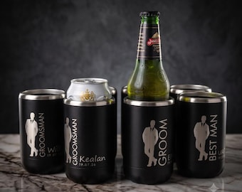 Custom Laser Engraved Can-Stubby-Bottle Cooler for Groom, Bestman, Groomsman, Bother of the Bride etc. Double-Walled Insulated
