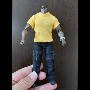 Handmade 1/12 Scale Outfit: Yellow T-shirt & Black Trousers for 6&quot; Action Figure (No Figure)