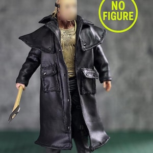May include: A figure in a long black coat with a wide collar, holding a small axe. The figure is wearing a gold-colored shirt and gray pants. The image includes the text "NO FIGURE" in a yellow circle and "Recommended for AGES 17+" in red.
