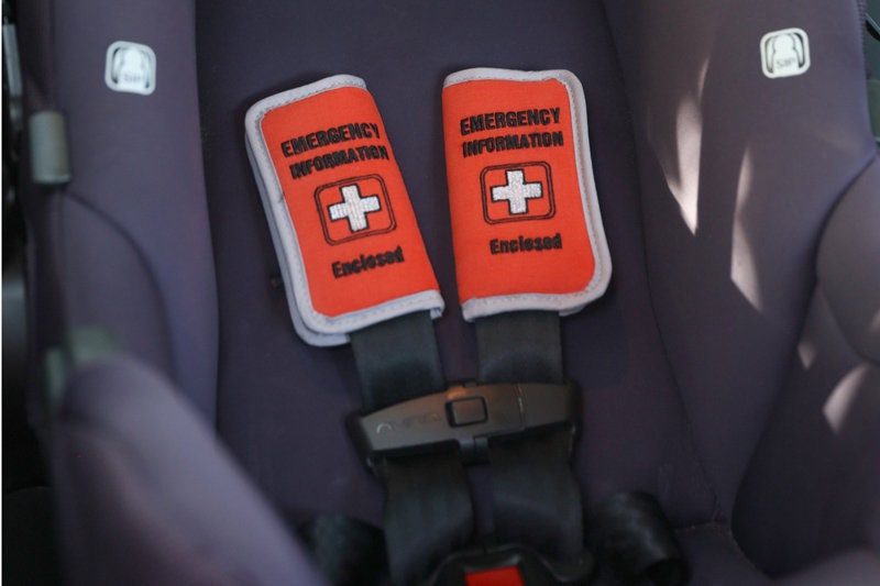 Car Seat Strap Covers with Emergency Information (qty 2), baby safety, baby shower