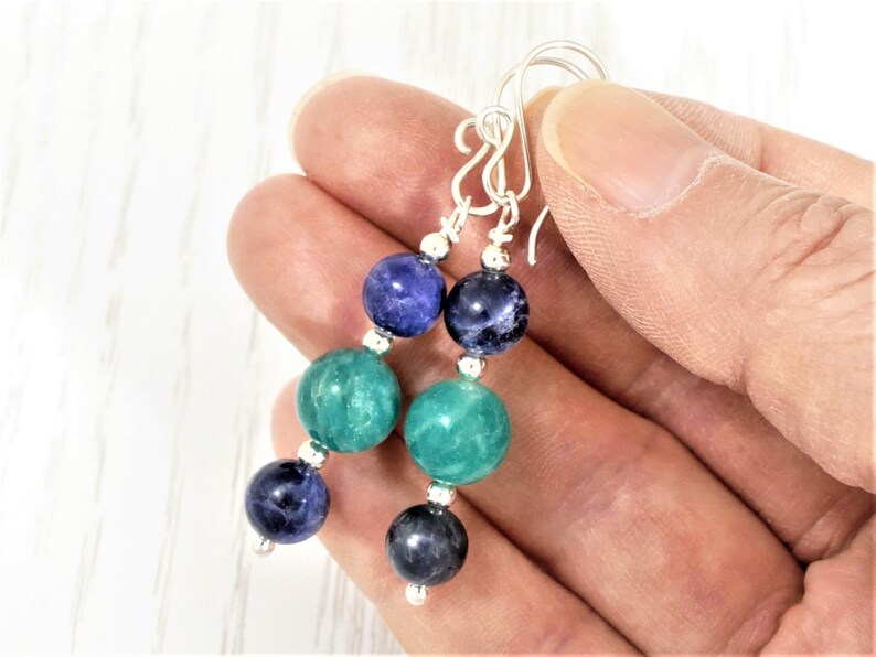 Gift for Women or Her Sterling Silver Sodalite /& Amazonite Earrings High Quality Wire Wrapped Argentium Fine Jewelry E135