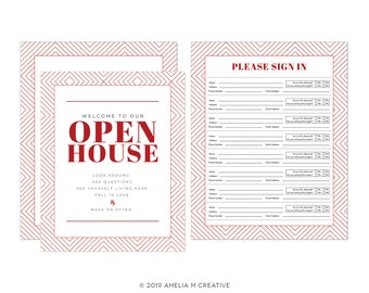 Red Geometric Open House Welcome Sign & Sign In Sheet