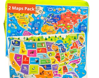 Wooden Puzzles for Toddlers 2 3 4 5 Year Olds - 2 Pack Puzzles - Kids Matching Game for Learning World Map USA States Educational Preschool