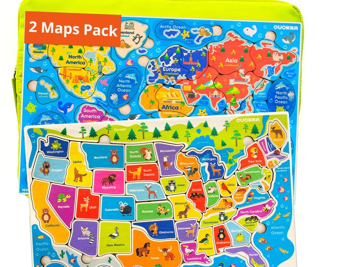Wooden Puzzles for Toddlers 2 3 4 5 Year Olds - 2 Pack Puzzles - Kids Matching Game for Learning World Map USA States Educational Preschool