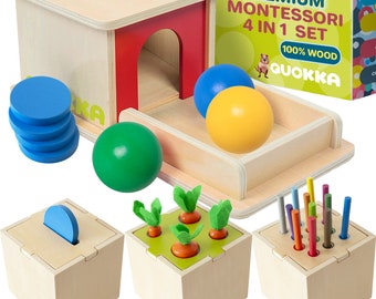 Montessori Toys for 1 2 Year Old - 4 Set Wooden Toys for Babies 6-12 Months by QUOKKA - Object Permanence | Coin Box | Carrot Harvest