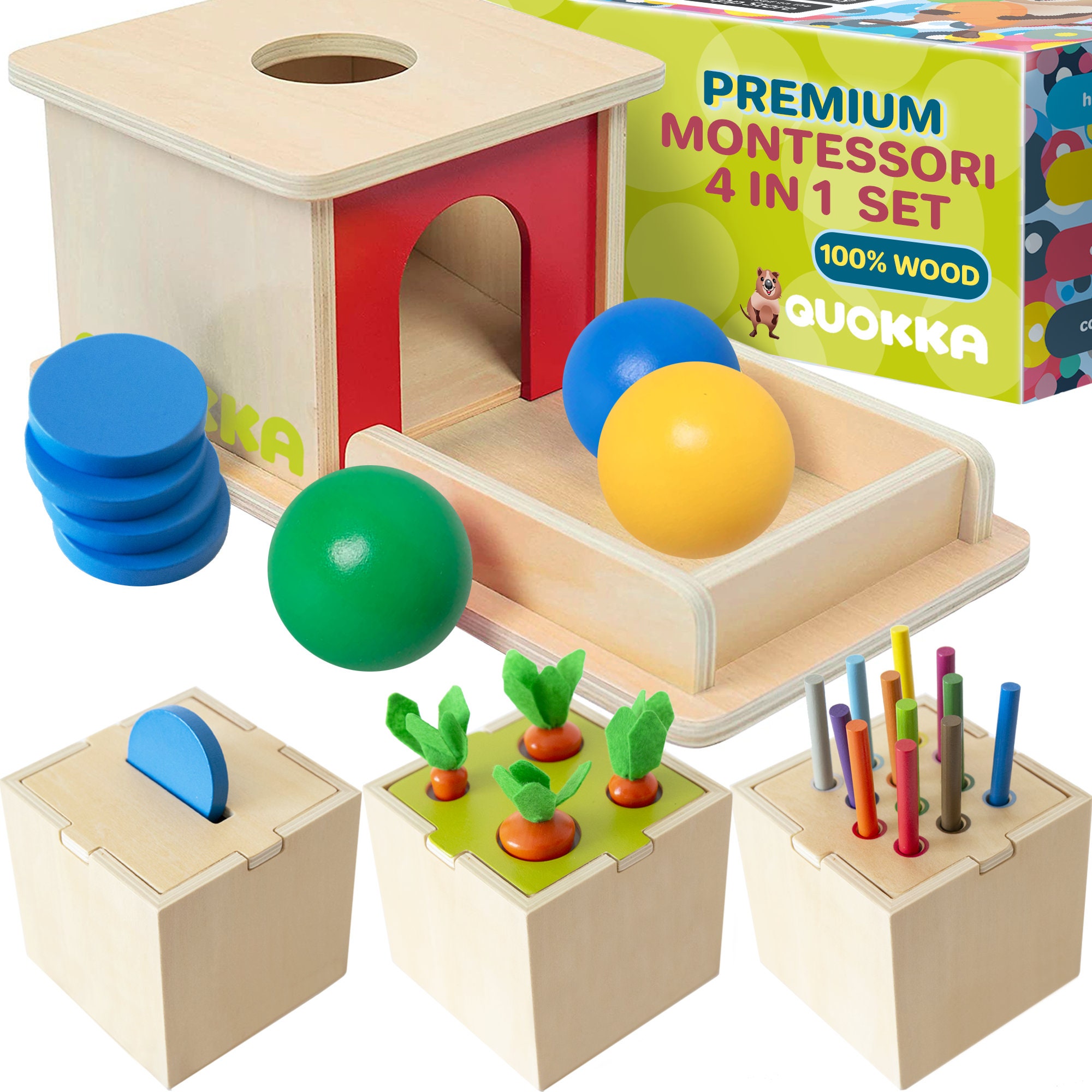 Juguetes Montessori para 1 2 años Juego de 4 juguetes de madera para bebés  de 6 a 12 meses de QUOKKA Permanencia de objetos / Caja de monedas / Cosecha  de zanahorias -  España