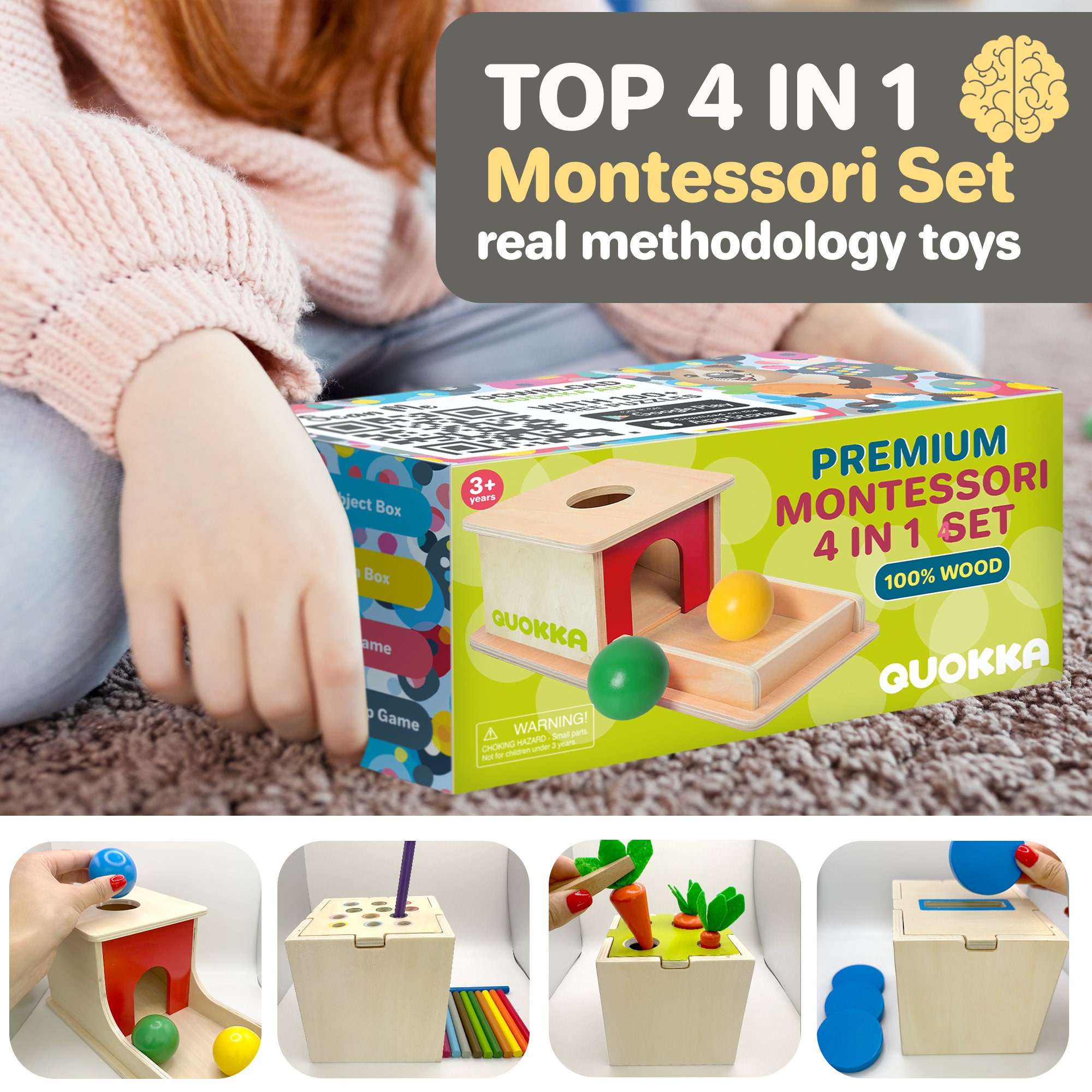 Juguetes Montessori para 1 2 años Juego de 4 juguetes de madera para bebés  de 6 a 12 meses de QUOKKA Permanencia de objetos / Caja de monedas /  Cosecha de zanahorias -  España