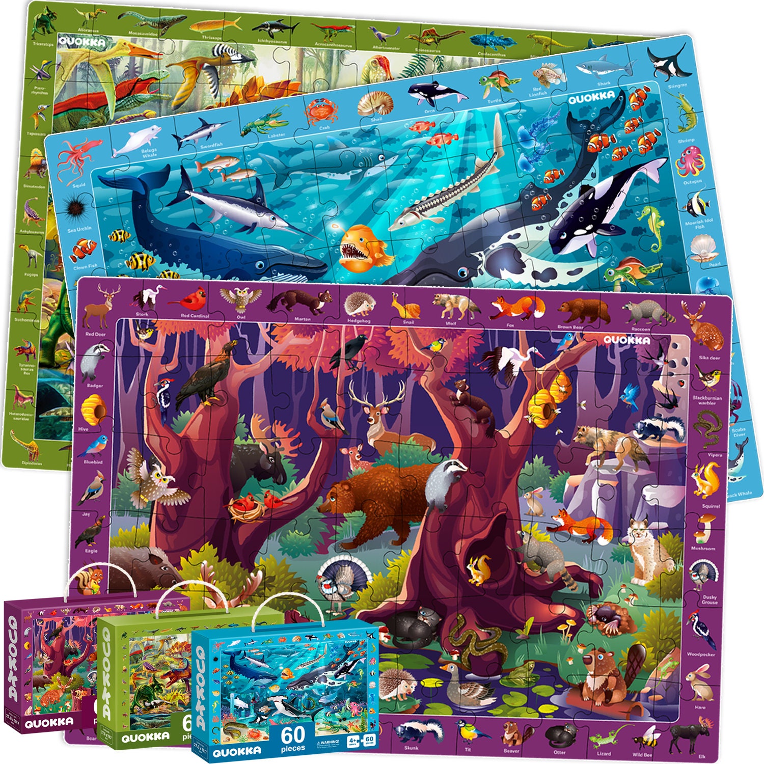 Grand Puzzle Enfant 3 4 5 Ans - Lot de 3 Jigsaw Puzzle 60 pièces par Quokka  - Rechercher et Trouver Animaux et Dinosaures Jeux Educatif - Cadeau Jouet  pour Fille et Garçon 6 7 Ans : : Jeux et Jouets