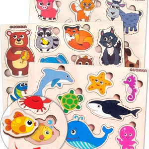Wooden Puzzles for Toddlers Ages 2 3 by QUOKKA - 3 Preschool Kids Puzzles for 4 5 Years Old -  Wood Learning Animal Toys for Boys and Girls
