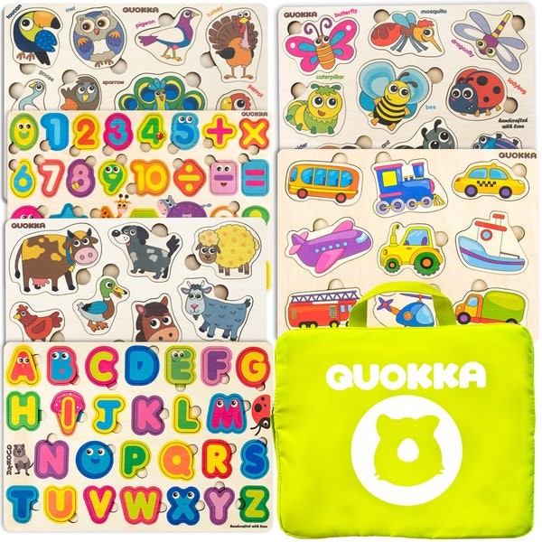 Wooden Puzzles for Kids 2 3 Years Old In a Bag - Alphabet Toddler Puzzle for Ages 4 5 6 by QUOKKA -  Preschool ABC Number Letter Animal Toy