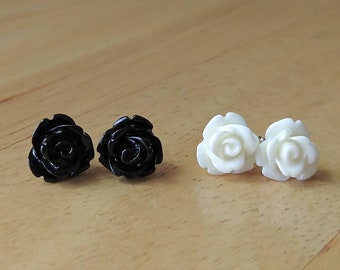 Rose stud earrings, black rose, white rose, flower studs, flower post earrings, fall earrings, autumn earrings