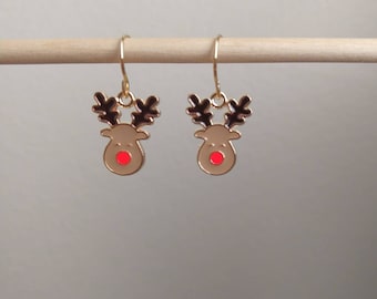 Reindeer Earrings, gold Christmas earrings, Rudolph jewelry