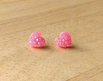 Pink Druzy heart studs, Valentine's day gift, heart earrings