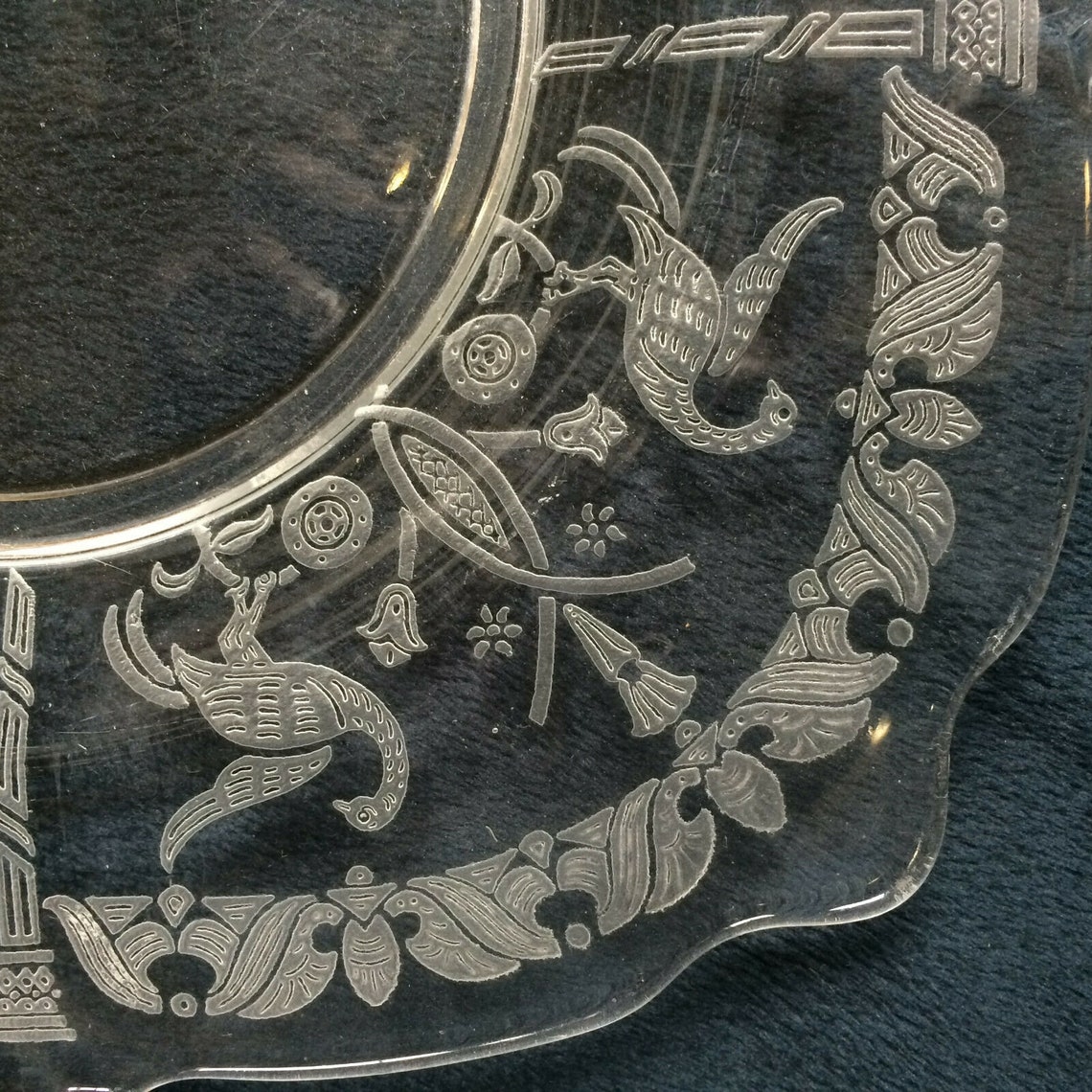 Heisey Clear Etched Glass Bird Pattern Square Salad Luncheon Etsy