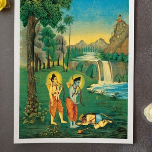 Sri Hanuman meets Sri Rama and Lakshman, vanvasi Rama poster, devotional print, Indian god art