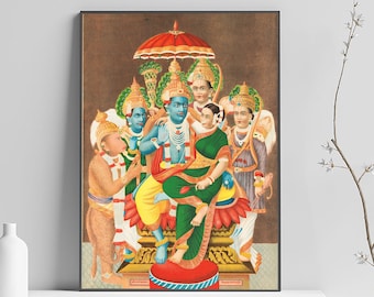 May include: A colorful painting depicting a group of Hindu deities. The central figure is a blue-skinned deity with a crown and jewelry, seated on a throne with a red cushion. The deity is surrounded by other figures, including a woman in a green sari and a man in a white robe. The painting is framed in black.