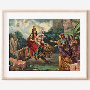 Sri Durga llega en el póster de Durga Puja, Agmani- Devi Parvati llega a casa con Sri Ganesh, Saraswati, Kartikeya y Nandi.