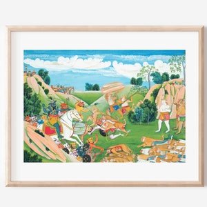 May include: A colourful painting depicting a scene of a hunt in a lush green valley. A man on horseback leads the hunt, followed by other hunters and dogs. The scene is set against a backdrop of mountains and a blue sky with white clouds.