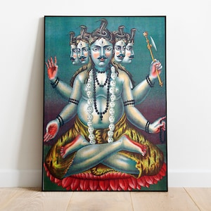 Panchamukhi Shiva poster, meditating Shiva painting, Hindu god picture, Bhagwan Rudra Mahadev in meditation, Mahakala Bhagwan Shankar print