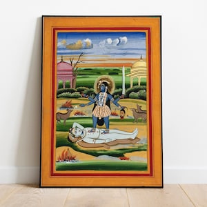 Ma Kali poster, Indian miniature painting, Mother Kali on shava tuning it into Shiva, Kali painting, Ma Kali print, Kali, tantra goddess