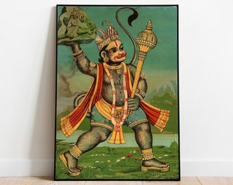 Hanuman with Sanjeevani Mountain Art Print: Vintage Indian God Poster
