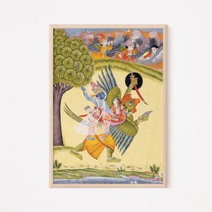 Rare depiction of Shri Vishnu as Shri Rama in Ramayana, Narayan Lakshmi on Garuda Poster, Vishnu painting, Rama poster, Hindu god art