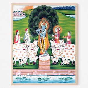 Krishna painting, Krishna print, Sri Krsna with gopi in Vrindavan, Hindu art, Indian miniature painting of Shri Krishna