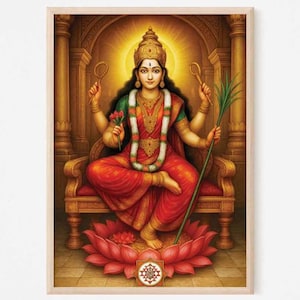 Puede incluir: Una impresión enmarcada de una diosa hindú sentada sobre una flor de loto. Lleva una corona dorada, ropa roja y dorada y joyas. El fondo presenta columnas ornamentadas y un brillo dorado.