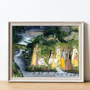 Krishna miniature painting, Sri Krishna in Vrindavan poster, Gopa lila print, Indian art