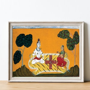 Shiva painting, Shiva Shakti print, Indian miniature painting art, Bhagwan Shiva and Devi Parvati playing chaupad, Shiva poster