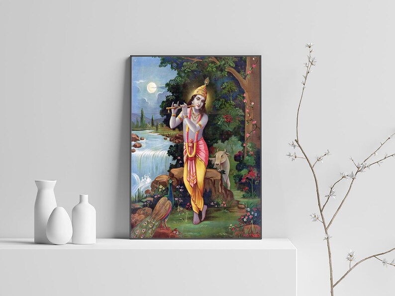 Shri Krishna Wall Art, Muralidhar Sri Krsna at Night Poster, Bal Gopal