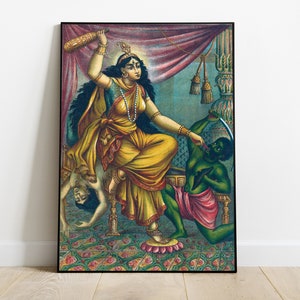 May include: A colorful painting depicting a Hindu goddess, seated on a throne, holding a weapon and a sword. She is surrounded by two figures, one kneeling and one lying on the ground. The painting is set against a backdrop of a richly decorated room.