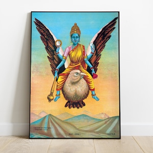May include: A colorful illustration of a deity with blue skin, sitting on a bird with brown wings. The deity is wearing a yellow robe and a crown. The bird is flying over a landscape of brown hills.