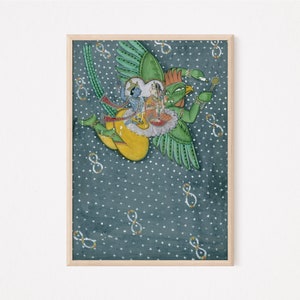 Vishnu and Lakshmi on Garuda, Bhagwan Vishnu Lakshmi painting poster, Lakshmi Narayana print
