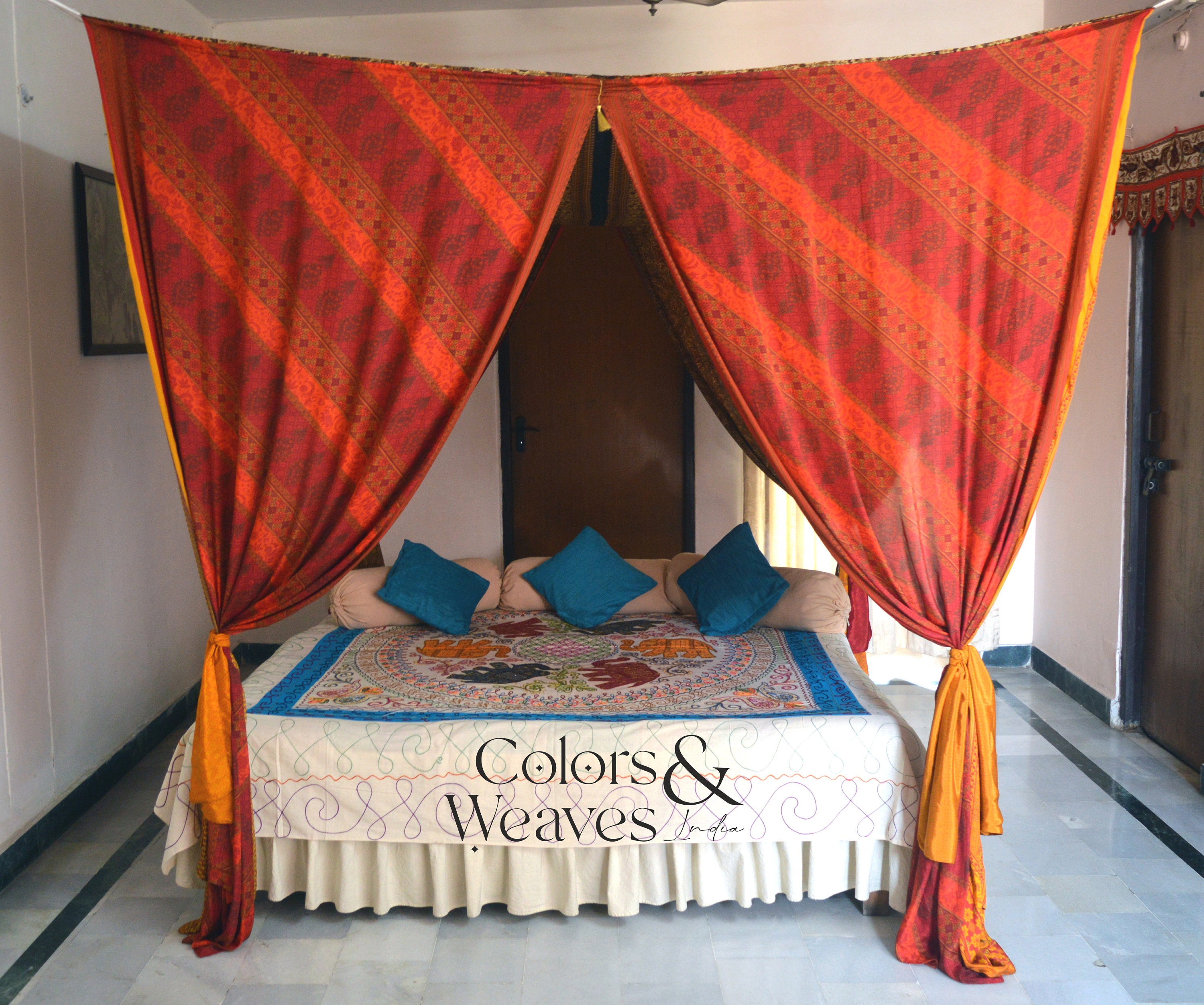 Baldaquin Bohème En Sari De Soie - King Size, Couleurs Rouge/or/jaune - Décor Ethnique Pour Chambre, Mariage, Fête