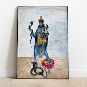 May include: A watercolor painting of a blue-skinned Hindu deity standing on a lotus flower. The deity is holding a snake in one hand and a child in the other. The painting is framed in black.