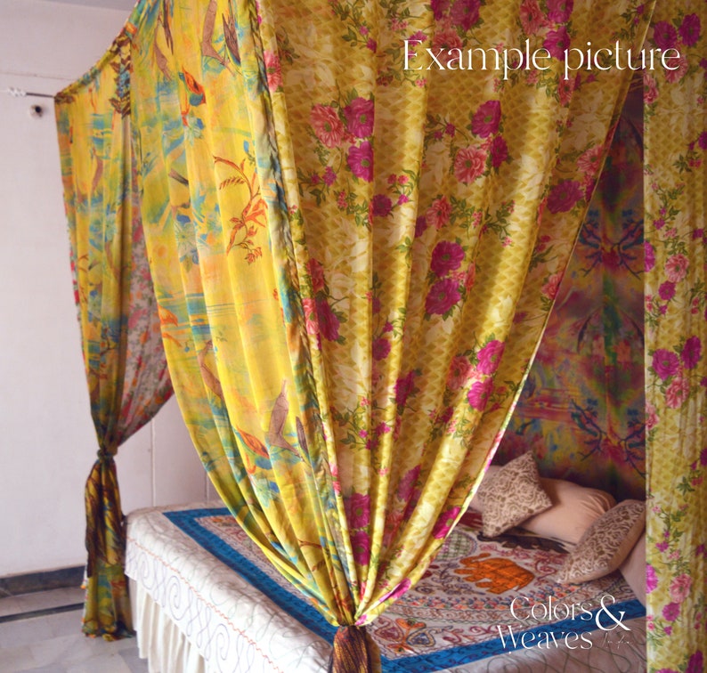 May include: A yellow and pink floral patterned canopy bed with a white bedspread and pillows. The canopy is made of sheer fabric and has a floral design. The bed is decorated with a colorful throw pillow and a small rug. The text "Colors & Weaves" is visible in the bottom right corner of the image.