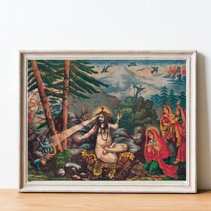 Shiva burns Kamadev to ashes, Shiva Parvati poster, Shiva Shakti print, Bhagwan Shankar wall art