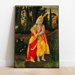 Impresión de Radha Krishna, Sri Krishna y Shri Radha en Vrindavan, póster de Radha, pintura de un dios indio, póster hindú, impresión de Govinda