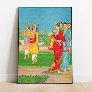 Shri Rama and Sita see each other for the first time in royal garden before wedding poster,Hindu devotional print, Rama print